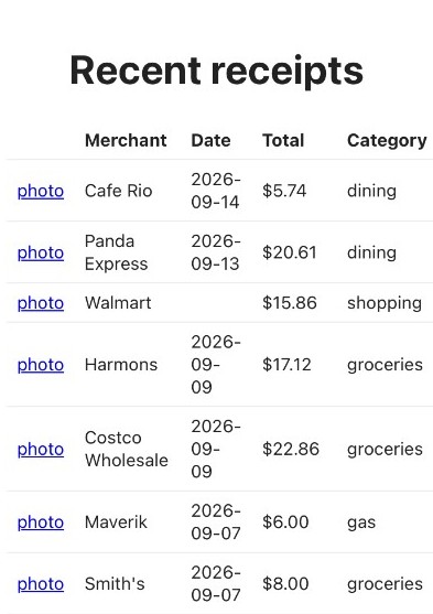 Receipt AI searchable list with merchant, date, total, and category